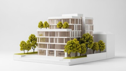 Detailed scale model of a contemporary building with trees