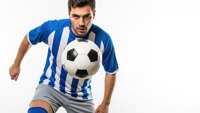 Athletic soccer player in blue and white jersey intensely dribbling a soccer ball during a studio shoot - Powered by Adobe