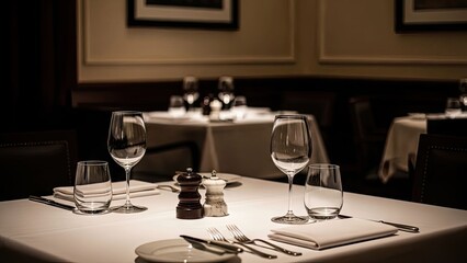 Elegantly set restaurant table with glasses, cutlery, shakers