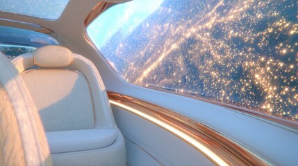 Obraz premium Luxury travel experience inside a modern aircraft at night with city lights