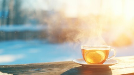 Warm drink on a table near a window in winter sunlight