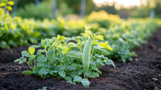 Close Up of a Single Organic Snap Pea Growing in Garden Soil