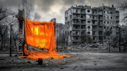 Bright orange tarp covers damaged structural elements amid urban ruins and debris under a dramatic cloudy sky