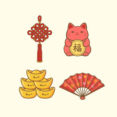 Joyful Lunar New Year Celebration: A vibrant assortment of Lunar New Year symbols, each element embodies prosperity and happiness. This image captures the essence of the festive spirit.