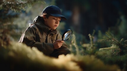 A nature guide kneeling to show children tiny forest ecosystems, magnifying glass catching the light as they discover insects and moss — environmental education and hands-on discovery. cinematic