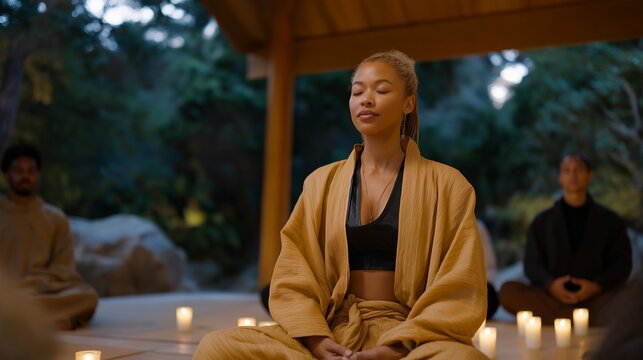 A spiritual guide leading a small retreat group through a candlelit evening reflection, gentle chanting echoing in a wooden lodge &mdash; emotional grounding, inner clarity, and guided ritual. cinematic