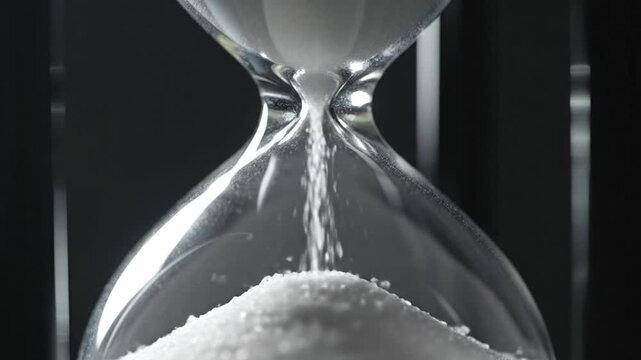 Close-up of an hourglass, sand continuously flowing, symbolizing the endless cycle and passage of time inherent in the Groundhog Day loop or the wait for the inevitable prediction.