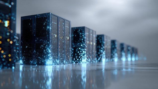 A row of server racks glows with digital light and reflections in a data center - Powered by Adobe