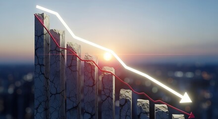 Concept of a downward financial trend illustrated by a bar graph and a descending line chart showing economic recession or downturn and loss of value