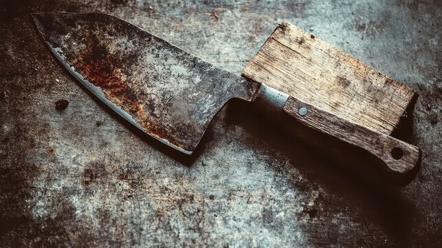 Close up of a tarnished steel cleaver with a dulled and stained blade and a wooden handle resting on a textured surface