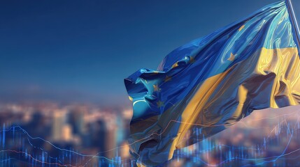 A vibrant flag waves against a city backdrop, symbolizing national pride and economic growth, emphasized by graphical data overlays.