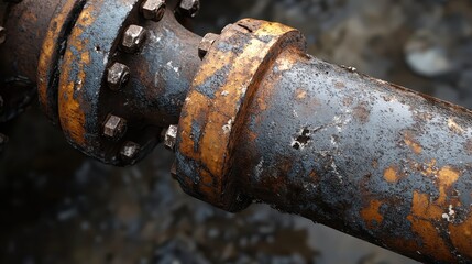 Close up of heavily corroded and tarnished brass pipe fittings showing deep rust and degradation with visible bolts and nuts in an industrial setting
