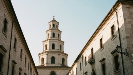 Fototapeta premium Ornate stone tower stands between stately historic European buildings