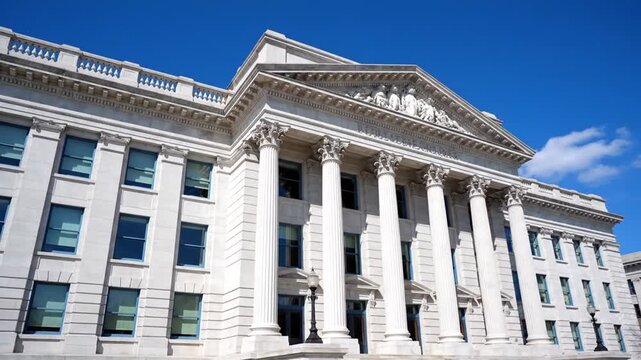Grand building exterior with columns under clear blue sky daytime