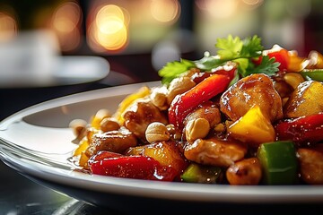 close-up plate features stir-fried chicken with colorful vegetables like bell peppers and cilantro. scene takes place in restaurant during evening with warm lighting