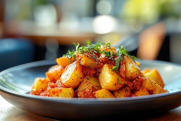 close-up plate of cooked potatoes patata brava sits on table in restaurant. potatoes are covered with sauce and topped with fresh herbs. setting is lively and busy during lunchtime