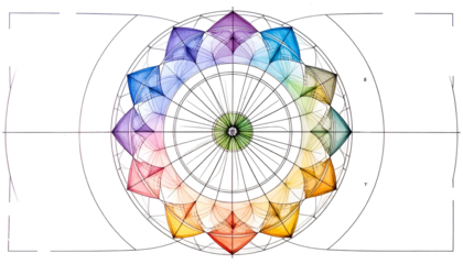 A vibrant, geometric illustration showcasing a multi-colored floral wheel design. Radiating petals form a circle, outlined
