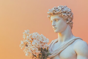 roman antique statue of young man stands still, holding a bouquet of white flowers. background has a bright orange hue, suggesting the time is early evening