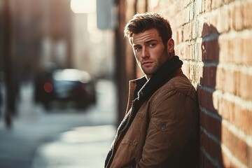 young man stands by a brick wall in an urban area. He is looking away while the sun sets in the background. Cars move slowly on the street behind him
