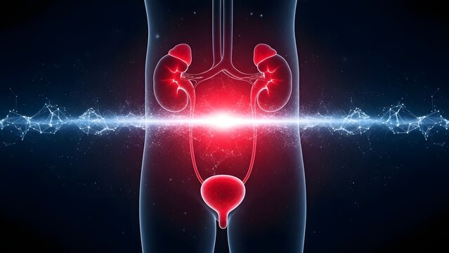 Human kidney and urinary system anatomy. Medical diagnosis and nephrology health. Transparent body illustration showing kidneys and bladder with energy light