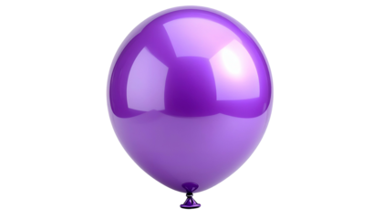 A vibrant, glossy purple balloon hovers against a stark black backdrop. Smooth, reflective surfaces create highlights and shadows, giving it a 3D effect