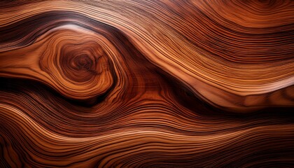 Fototapeta premium close up view of polished wood surface showing natural wood grain patterns with flowing curved lines and warm brown tones