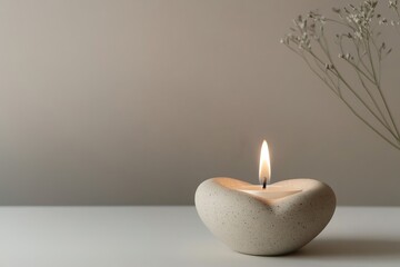 romantic image heart-shaped candle holder sits on simple table. lit candle glows softly while branch of dried flowers adds understated touch to scene