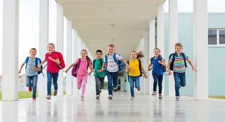 Group of happy and diverse elementary school children excitedly running down a modern outdoor school corridor with backpacks, full of energy for learning and friendship, ready for a new academic year