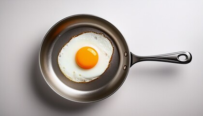 single fried egg in metal pan on white background viewed from above