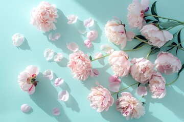 Flowers with soft pink color are placed on a light blue surface. Some petals are spread out near blooms. scene is well lit, showing details of flowers