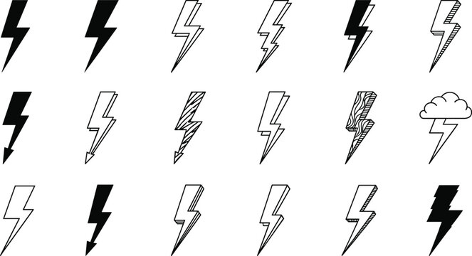 Lightning bolt icon vector set featuring bold and outlined thunder symbols with varied styles for weather and energy designs