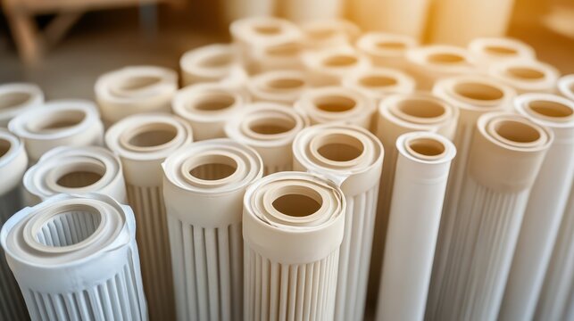 Group of individual water purification filter cartridges ready for use in a water system