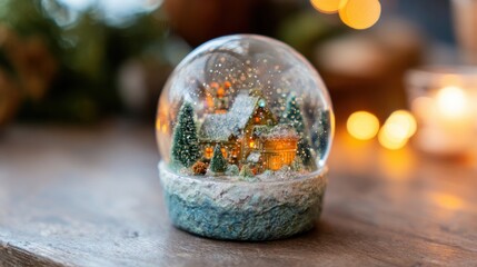 Snow globe with a tiny house and trees inside on a wooden table