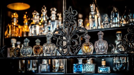 Obraz premium Elegant perfume display shelf featuring ornate black ironwork