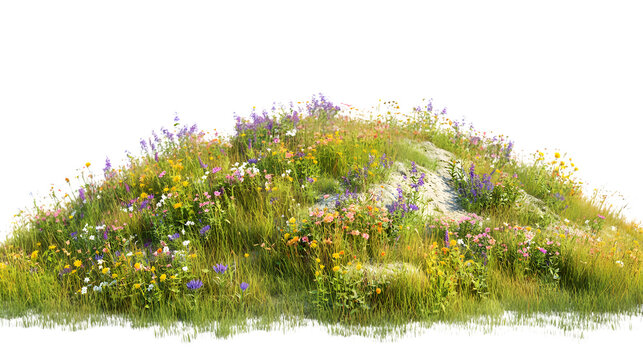 Vibrant wildflowers on a lush green hill isolated on white background