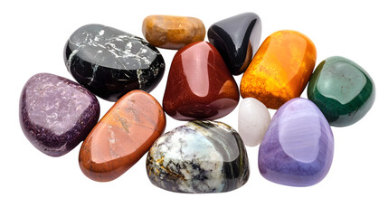Naklejka premium Collection of polished gemstones and crystals, isolated on white background.