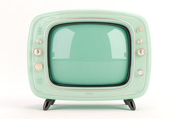 A vintage television set stands on a smooth surface. The TV has a rounded shape, light green color, and traditional knobs for volume and channel control. It features a blank screen
