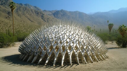 Modern wooden geodesic structure with sharp pointed elements stands against a mountainous landscape under a clear blue sky