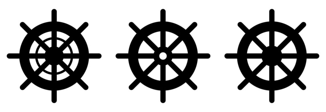 Sail Ship Boat Steering Wheel Rudder or Maritime Sea Navigation Sign Symbol Icon Set. Vector Image.