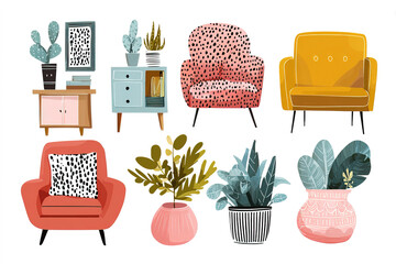 naive style illustration set of vibrant mix of chairs, tables and decorative houseplants. furniture features unique patterns and colors, enhancing modern aesthetic of room