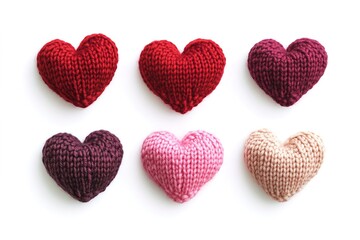 Six knitted hearts in different shades of red and pink are arranged in two rows. These handmade crafts are suitable for gifts, decorations, or personal use
