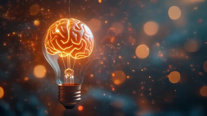 Glowing light bulb with brain inside creative idea inspiration innovation concept orange bokeh background - Powered by Adobe