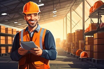 illustration man wearing an orange safety vest and hard hat checks tablet while standing inside warehouse. Boxes are stored around him in background. It is evening, and light is warm