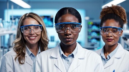 Three diverse women in lab coats and safety goggles in laboratory setting