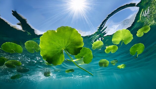 fresh green leaves of centella asiatica floating on transparent water