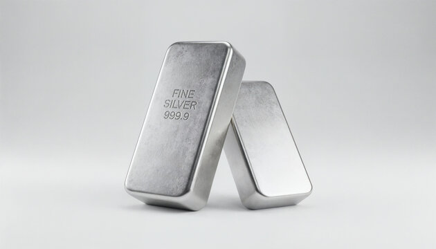Fine silver bars 999.9, two silver bullion bars leaning on gray background for wealth investment to secure financial assets.