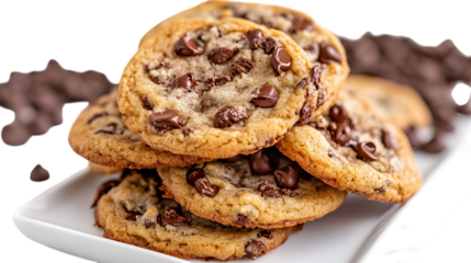 Freshly baked chocolate chip cookies on white plate isolated on white background