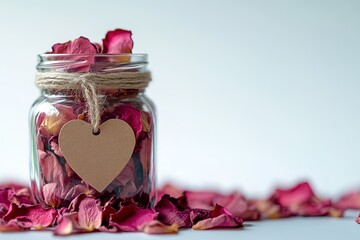 close-up glass jar contains dried rose petals tied with twine. heart-shaped tag hangs from jar. Petals are scattered around jar on light surface