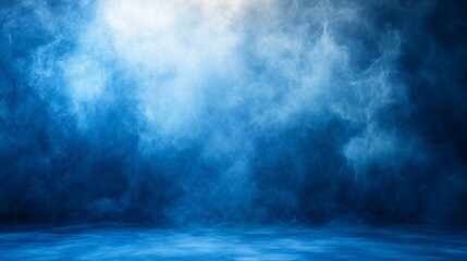 Dark blue background with swirling smoke and fog lit by a bright light, creating a dramatic and mysterious atmosphere.