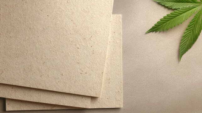 Eco friendly hemp paper and green leaf on neutral background for natural design ,National Hemp Day